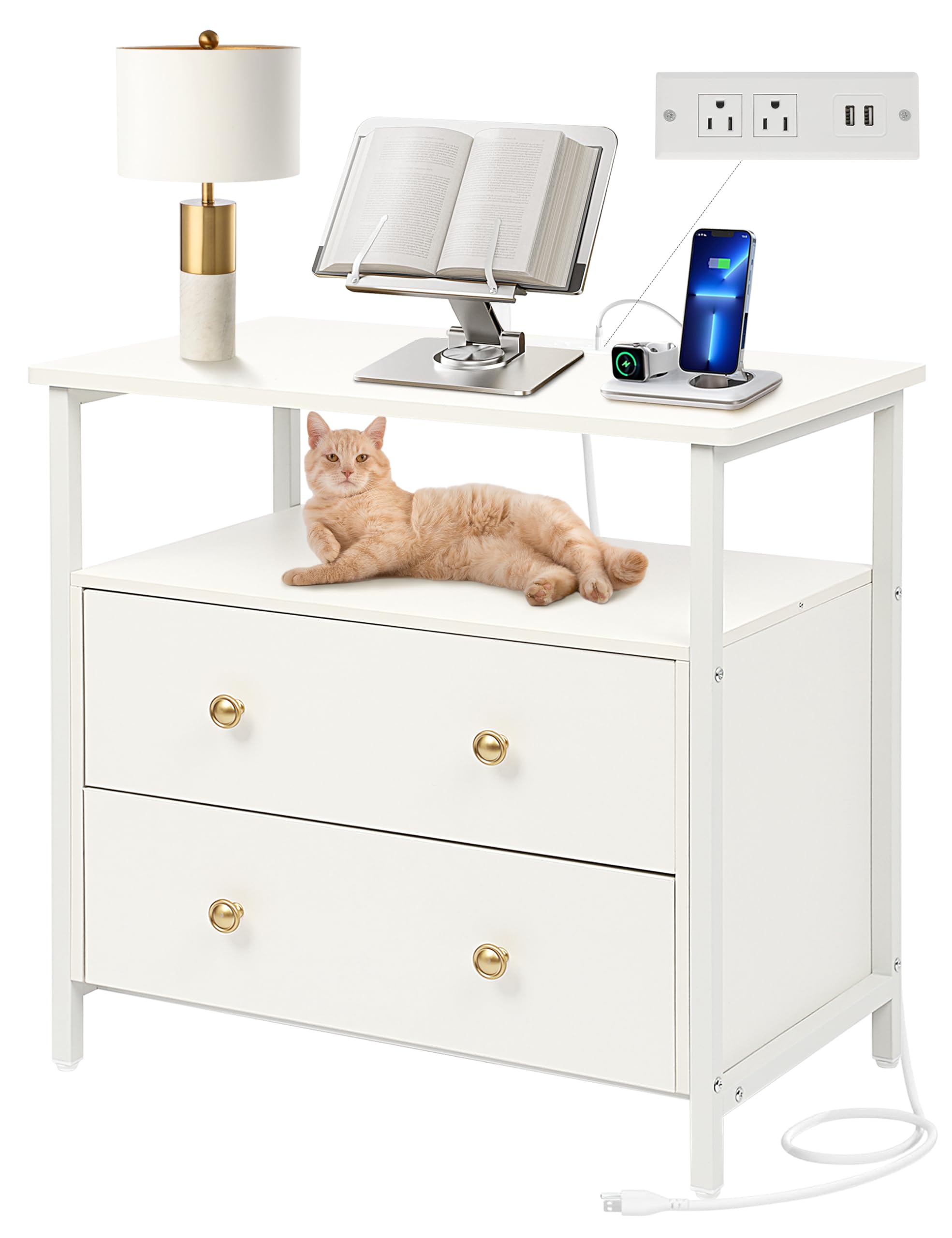 Edbuosy 27 Inch Wide Nightstand With Charging Station, Bedside Table With Open Shelf, 2 Drawers Small Wood Dresser, End Side Tab